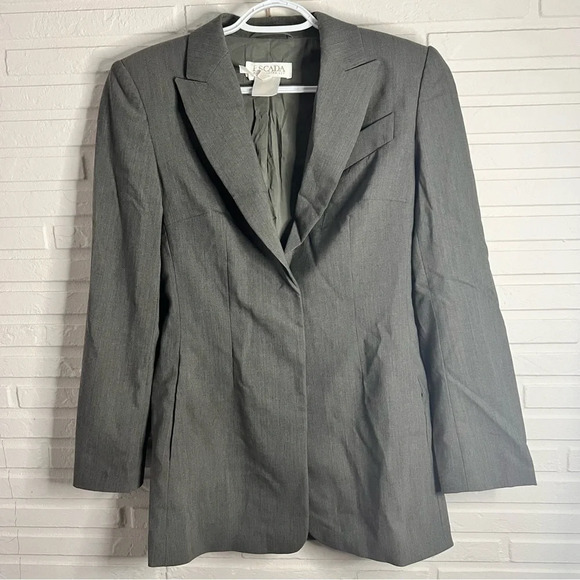 Escada Vintage Gray Button Down Long Wool Pocketed Blazer, Women’s Size 4 - Picture 2 of 10